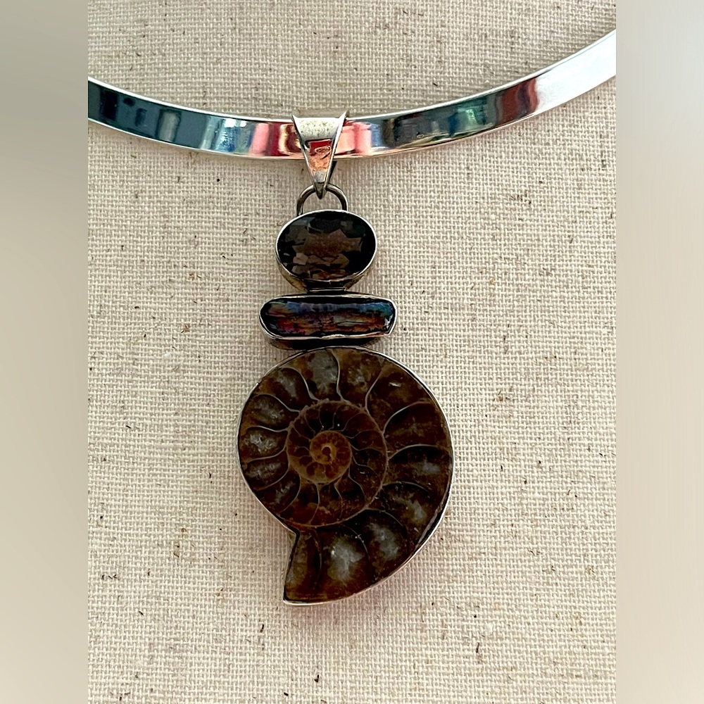 Sterling silver ammonite, pearl, citrine pendant